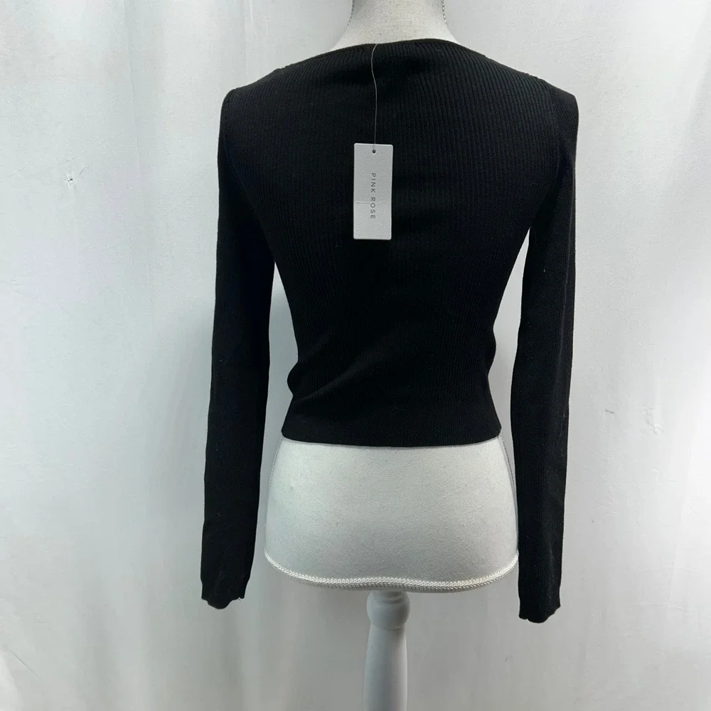 Pink Rose Black Ribbed V‎ Neck Long Sleeve Cropped Sweater Top Womens Size M